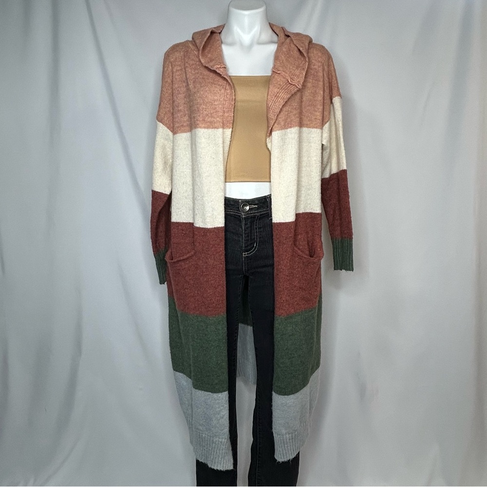 Easel Woven Colorblock Hooded Long Cardigan Sweater, Small